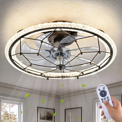 Dalouguan Rustic Black Ceiling Fan with Light, Farmhouse Chemistry Molecular Model Caged Ceiling Fan with Remote, LED Low Profile Ceiling Light for Bedroom Kitchen Living Room