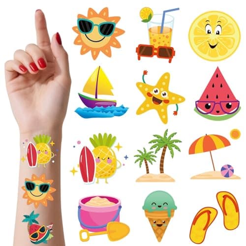 JUNEBRUSHS Summer Fruit Temporary Tattoos, 120 Pcs Hawaiian Themed Tattoos Kids Summer Beach Party Decorations Pool Toy Supply 60 Styles Safety Face Make up for Summer Decorations Boys Girls