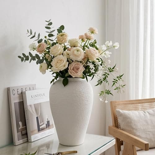 Vintage Ceramic Vase, Minimalist Texture Stone Patterned White Flower Vase, Decorative Vase for Living Room Shelf Farmhouse Dining Table Centerpiece Decor (Texture 9.3'' Tall)