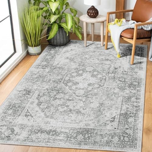 MUJOO Washable Rug 3'x5' Area Rugs for Entryway Bedroom Living Room Bathroom Bedside Boho Small Non Slip Throw Carpet Indoor Soft Grey Floral Home Decor