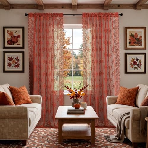 Kotile Burnt Orange Floral Lace Curtains for Bedroom 52 x 80 Inch, 2 Panels