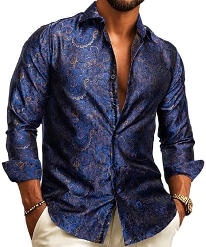 Barry.Wang Mens Western Shirts Long Sleeve Button Down,Royal Gold,X-Large
