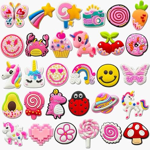 Kieralvy Kawaii Cartoon Shoe Charms for Girls: 30 PCS Cute Pink Bulk Decoration Pins for Kids & Adults | Unicorn, Rainbow, Donut & Dino Accessories for Clogs