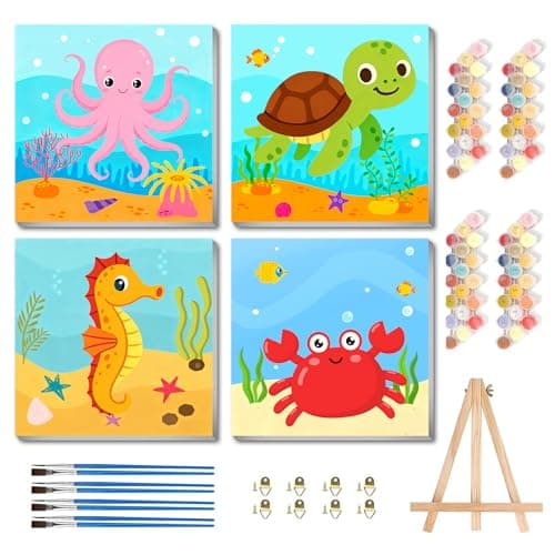 bleihum 4 Pack Paint by Numbers Kit for Kids with Frame Wooden Easel, Easy Paint by Number Under the Sea, Cute DIY Acrylic Oil Painting by Numbers for Home Wall Decor 8x8 Inch