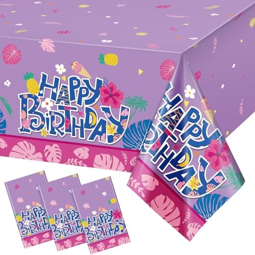Oudain 3 Pcs Cartoon Birthday Party Disposable Tablecloth Decoration Hawaiian Hibiscus Tropical Leaves Pattern Table Cloths 108'' x 54'' Luau Plastic Waterproof Rectangular Covers for Party (Purple)