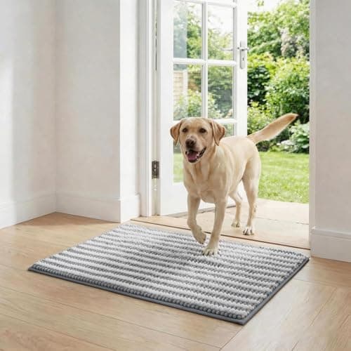 COMPAWNY Chenille Dog Mat Non Slip Washable, Absorbent Quick Dry Pet Rug for Muddy Paws, Crate Mat, Dog Food Mat, Indoor Floor Mat for Entryway and Home, Small (16" x 24"), Gray and White Pinstripe