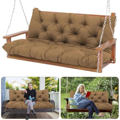 KGOSAUO Waterproof Porch Swing Cushion Thicken 5" Brown 2-3 Seat 70 ×40 in Replacement Swing Cushions with Backrest and Ties for Patio Backyard Porch Garden