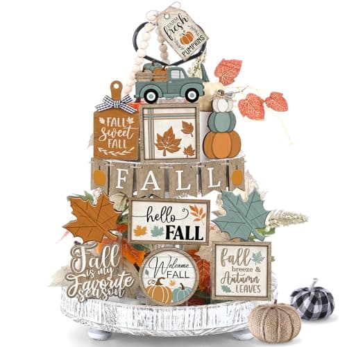 DoubleFill 21 Pcs Fall Tiered Tray Decoration Set Autumn Table Sign Pumpkins Farmhouse Decor Thanksgiving Gnome Maple Leaves Centerpieces Harvest Wood Blocks Signs Fall Block Tabletop