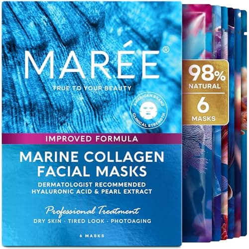 MAREE Collagen Facial Mask with Hyaluronic Acid — Sheet Face Mask Skincare — Centella Asiatica, Green & Red Algae Extract — Hydrating Facemask For Women Skin Care — Mascarillas Para La Cara — 6 Count