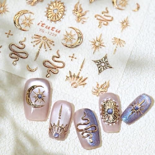 Gold Nail Stickers 5D Embossed Star Moon Nail Supplies 3D Self-Adhesive Totem Nail Decals Snake Nails Designs Sun Flame Nails Decoration Accessories for Women Girls DIY Manicure 1 Sheet