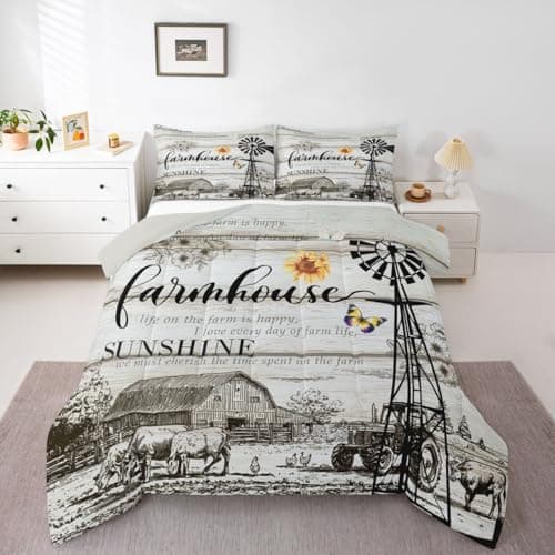 Erosebridal Cabin Decor Comforter Set, Farmhouse Windmill Bedding Set Rustic Cow Rooster Tractor Quilt King Size for Kids Boys Teens Bedroom, Farm Animal Wooden Barn Door Duvet Insert Windmill Decor