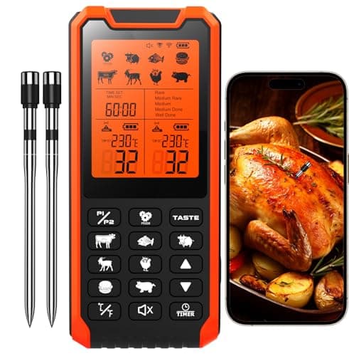 HOPEPOP Bluetooth Wireless Meat Thermometer Digital - NIST Certified Accuracy, Food Thermometer for Cooking with Standalone Base & App Control, 2 Meat Probes for Grill BBQ Smoker Oven (Orange)