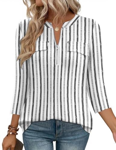 LOMON 3/4 Sleeve T Shirts For Women Dressy Casual V Neck Business Zipper Top Ladies Office Quarter Sleeve Tunic Spring Summer Blouses