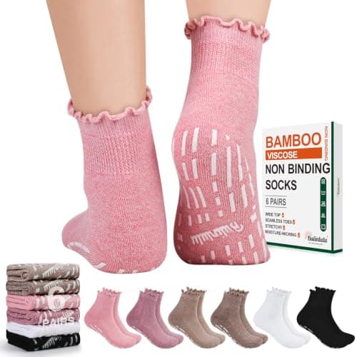 Bulinlulu 6 Pairs Non Binding Hospital Socks with Grips for Neuropathy, Diabetic Socks for Women Size 7-9 9-11(Ruffle Group A-L)