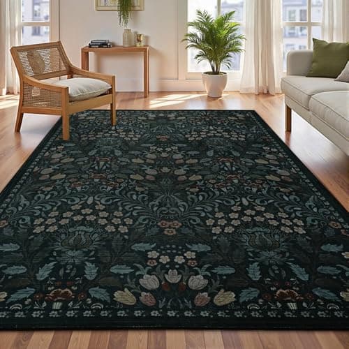 Vasofe 6x9 Rug for Living Room,Washable Rugs for Bedroom, Dining Room, Indoor Floor Mat, Vintage Floral Mats for Nrusery, Farmhouse, Laundry Room, Non Slip Low Pile Soft Modern Carpet, Black&Flower