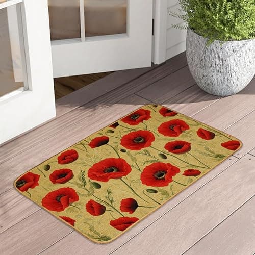 Red Poppy Flower Indoor Outdoor Door Mat,Vintage Floral Front Floor Mat Non-Slip Absorbent Low-Profile Washable Inside Entrance,Linen Sturdy Soft Entry Doormat for Entryway