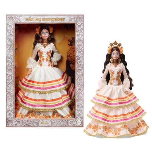 Barbie Signature Doll, Día De Muertos 2025 Collectible in Ruffled Cream Gown Trimmed with Marigolds and Ribbon, Flower Crown and Calavera Face Paint