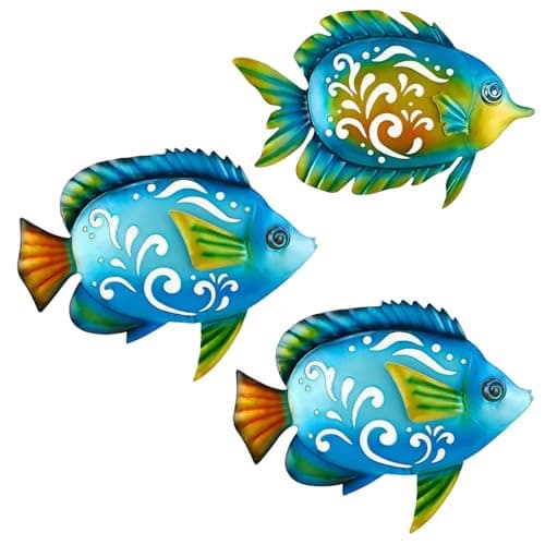 TERKEPT Metal Fish Wall Decor Coastal Ocean Sea Hanging Decorations Metal Fish Art Outdoor Wall Sculptures Garden Patio Fence Pool Decor