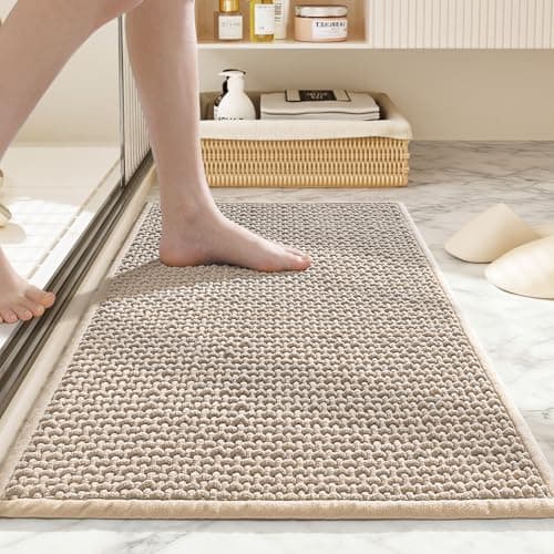 HRILO Bathroom Rugs Non Slip Washable, Super Absorbent Thin Bath Mat for Small Quick Dry Low Pile Bathroom Rug,(Khaki, 32″x20″)