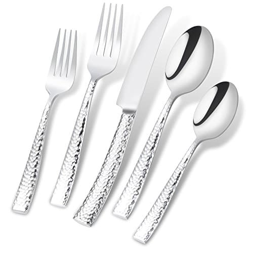 Flatasy Silverware Set Flatware Set Stainless Steel Cutlery Set Hammered Pattern Mirror Finished 5 Pieces Service for 1