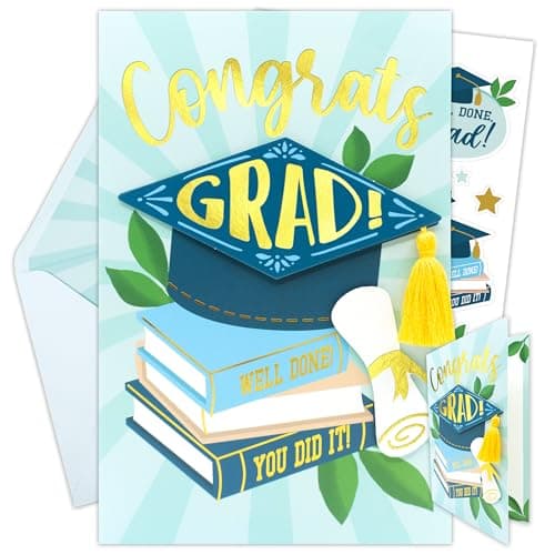 Decorably Gold Foil 5x8in Individual College Graduation Card for Her or Him with Grad Hat Top, Diploma Cutouts & Tassel with Envelope and Stickers for High School & Elementary, Printed Message Inside