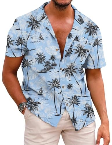 COOFANDY Men Linen Aloha Shirts Button Up Lightweight Beach Wear Wedding T Shirts