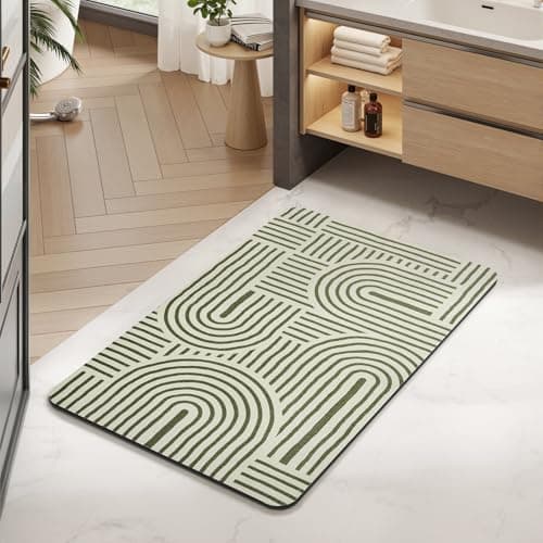 MontVoo -Bath Mat-Non Slip Thin Bathroom Rugs Fit Under Door- Quick Dry Absorbent Faux Suede Surface Grey Bathroom Floor Mats-Shower Rug for in Front of Bathtub Shower Ivory & Green Arched 17x27.5