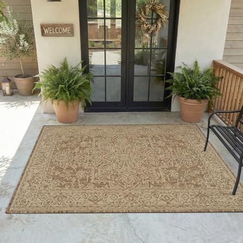 MontVoo-Polypropylene 3x5 ft Indoor Outdoor Entryway Rug Porch Rug Door Mats Rugs Small Accent, Textured Weave, Durable for High Traffic, Fade-Resistant, Non-Shedding, Vintage Medallion Neutral Brown