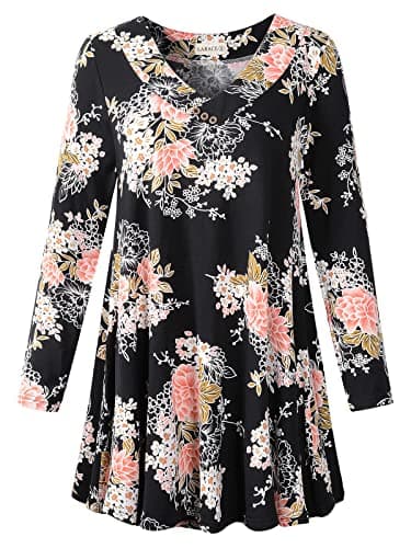 LARACE Floral Tops for Women Plus Size Long Sleeve V Neck Tunics Flower Shirts for Leggings Loose Buttons Blouse(A-Black05 6X)