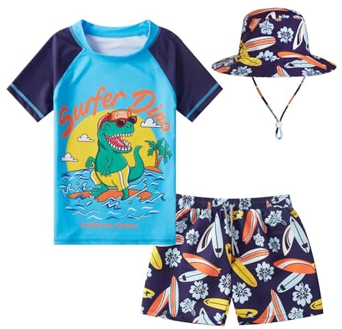 Toddlers and Baby Boys' 3-Piece Swimsuit Trunk Rashguard Set and Sun Hat Swimwear Bathing Suit Sunsuit Swim Shirt UPF 50+ Cool Dino 4-5T