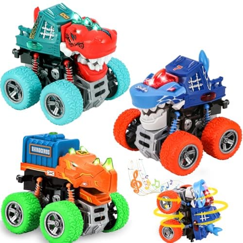 Dinosaur Toys for Kids 3-5 Monster Truck Toys for 3 Year Old Boys,3Pack Kids Toddle Boy Toy 360° Rotating Push and Go Cars,Toddler Toy for 3 4 5 6 7 Year Old Boys Girls Birthday