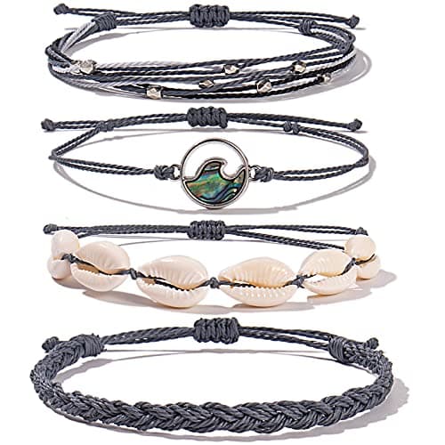 FANCY SHINY Wave String Bracelets Braid Puka Shell Bead Bracelets Handmade Cute Trendy Boho Abalone Jewelry Gifts for Women(Grey)