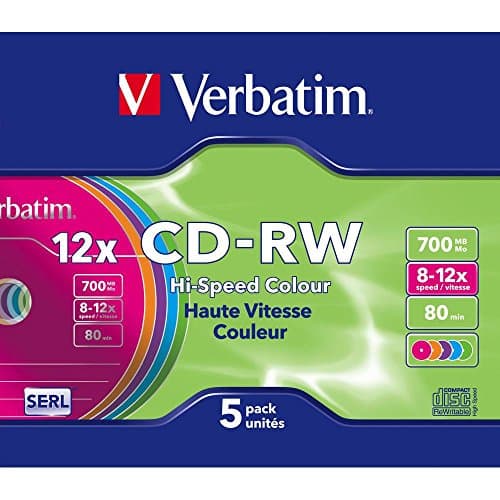 Verbatim CD-RW 700 MB, Pack of 5 Slim Case, Colourful, CD Blanks Writable, 52x Burning Speed with Long Life, Blank CDs, Audio CD Blank Rewritable, CD Empty