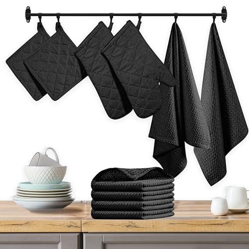 Native Fab 10-Piece Kitchen Set - 100% Cotton Dishcloths & Kitchen Towels, Heat Resistant Oven Mitts & Potholders, Soft, Absorbent & Durable, Great for Chefs Cooking, Baking & Everyday Use - Black