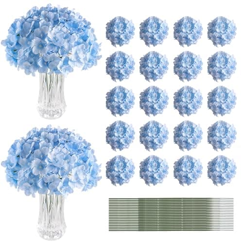 Blue Hydrangea Artificial Flowers Bulk, 20Pcs Silk Flower Heads with Stems