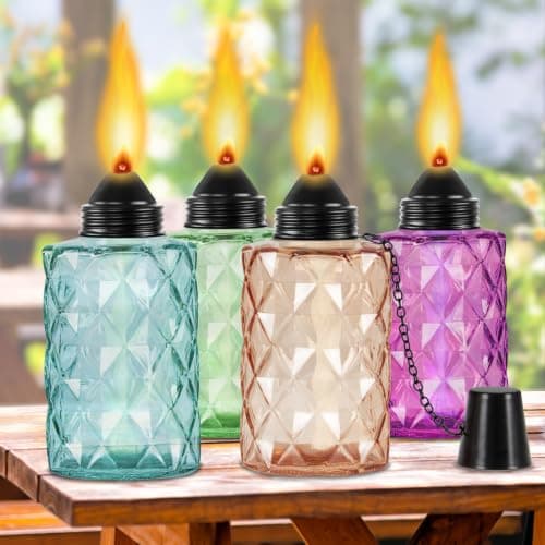 Glass Table Top Torch, Outdoor Torch Canisters 12 oz,Refill Canister with Wicks and Covers, Patio Torch for Luau Party, DIY Garden Decor (4 Packs) (Multi-Color)
