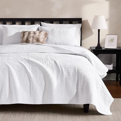 WDCOZY Velvet Queen Size Quilt Set - White Striped Pick Stitch Soft Lightweight Bedspread, Channel Farmhouse Country Rustic Coverlet, Modern Bedding Warm Thin Comforter, 3 Pieces