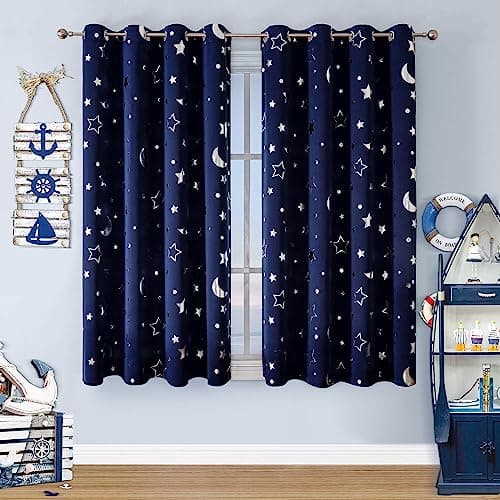 WUBODTI Boys Curtains Navy Blue Blackout Star Curtains Cute Space Themed Thermal Insulated Room Darkening Blackout Short Drapes for Kids Room Nursery Boys Bedroom(W52 x L45, 2 Panels)