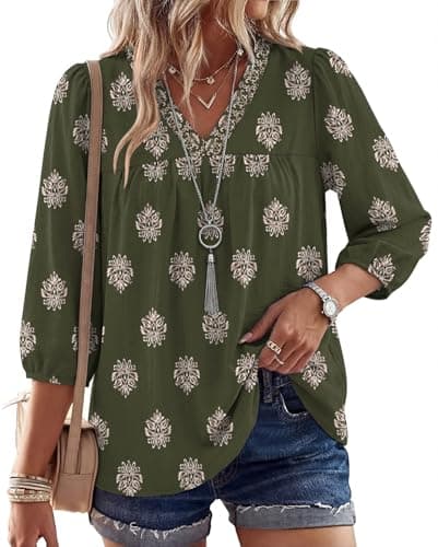 Spring Tops for Women 3/4 Sleeve Puff Sleeve St.Patrick Outfits Linen V Neck Shirt Pleated Peplum Casual Green L