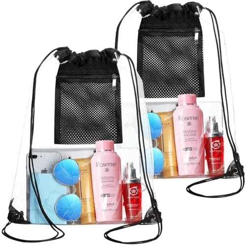 NATURAL STYLE 2 Pieces Clear Drawstring Bag for Stadium Concert Work Security Approved, Waterproof Clear String Backpack (Black)