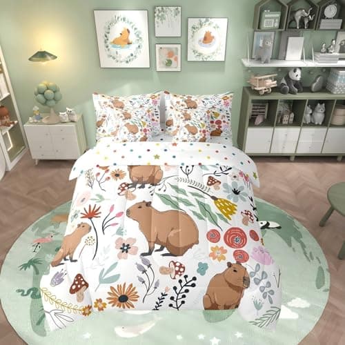 Erosebridal Cute Capybara 7 Piece Comforter Set Full Bed in a Bag,Mushroom Floral Cartoon Animal Bedding Sets Watercolor Flowers Leaves Sheet Set with Comforter