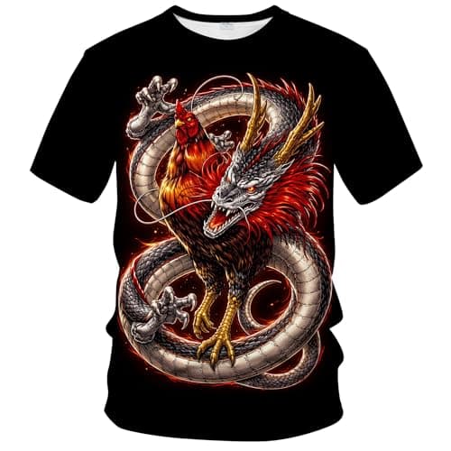 Blissboy Fiery Dragon & Rooster Graphic T-Shirt - Bold Mythical Design, Print - Perfect for Fans of Fantasy Art and Animal-Themed Apparel,Brown,L