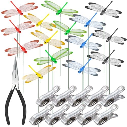 NiHome 15PCS Decorative Dragonflies Clips Decor for Garden, 9.8" Long Multicolor Waterproof Outdoor & Indoor Use, Versatile Clip-On Plant Decoration, Includes Pliers for Easy Attachment