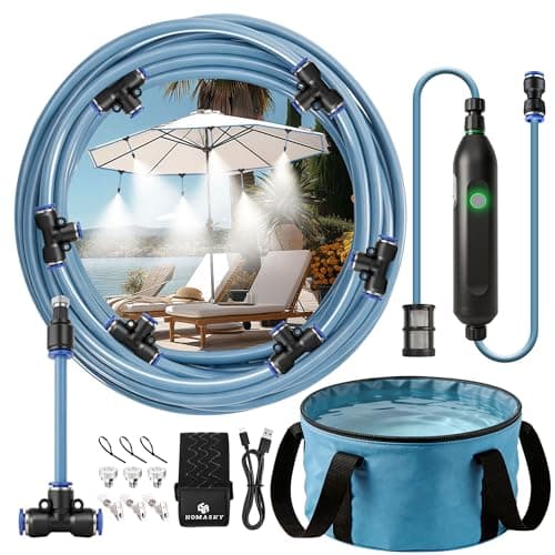 Homasky Portable Misting System for Outdoor Cooling, 23 FT Misters for Outside Patio with Rechargeable Pump, 30L Water Bag, 6 Adjustable Nozzles for Tent, Canopy, Backyard, Umbrella and Camping