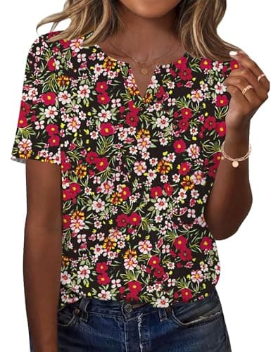 LOMON Teacher Outfits for Women Short Sleeve Tops V Neck T Shirts Loose Fit Summer Going Out Tops 2026 (Black Red Floral, M)