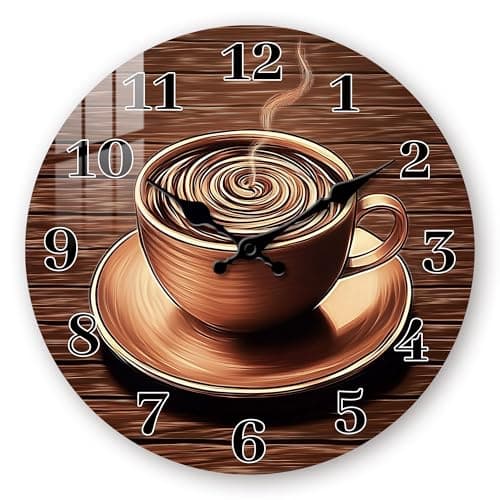 Tomopetime Coffee Cup Wall-Clocks for Kitchen 10 inch - Vintage Wall Clock Battery Operated - - Wooden Wall Clocks Silent Non Ticking for Office Bedroom Living Room Decor