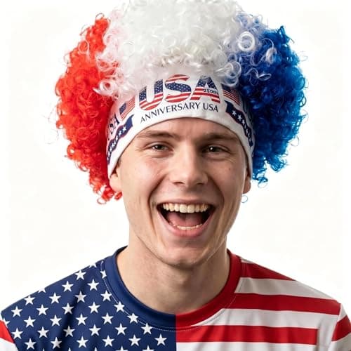 Beyond Normal 4th of July Patriotic Red White Blue Afro Headband Wig