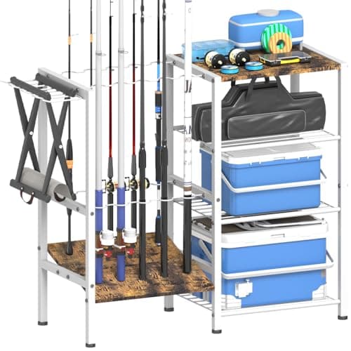 Tigerden Fishing Rod Holders for Garage, Fishing Pole Holder Stand with Multifunctional Hook, 4 Tier Fishing Gear Equipment Organizers Rack, Fits Most Rods of 1.58" for Home Entryway Corner, White