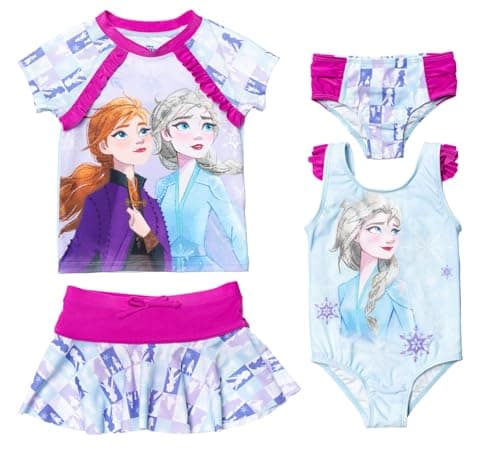 Disney Frozen Elsa Anna Toddler Girls One Piece Bathing Suit Rash Guard Swim Skirt & Bottom Piece Set 3T