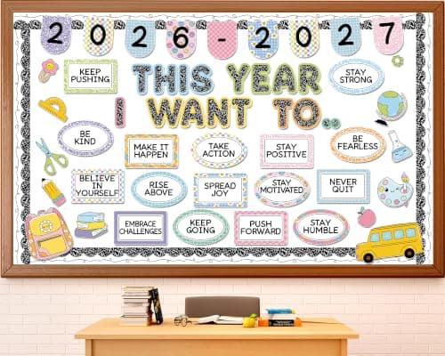 Composition Notebooks Inspirational Bulletin Board This Year I Want to Bulletin Board Decor Positive Affirmations Notebook Classroom Decor for Welcome Back to School Office Chalkboard Wall Supplies
